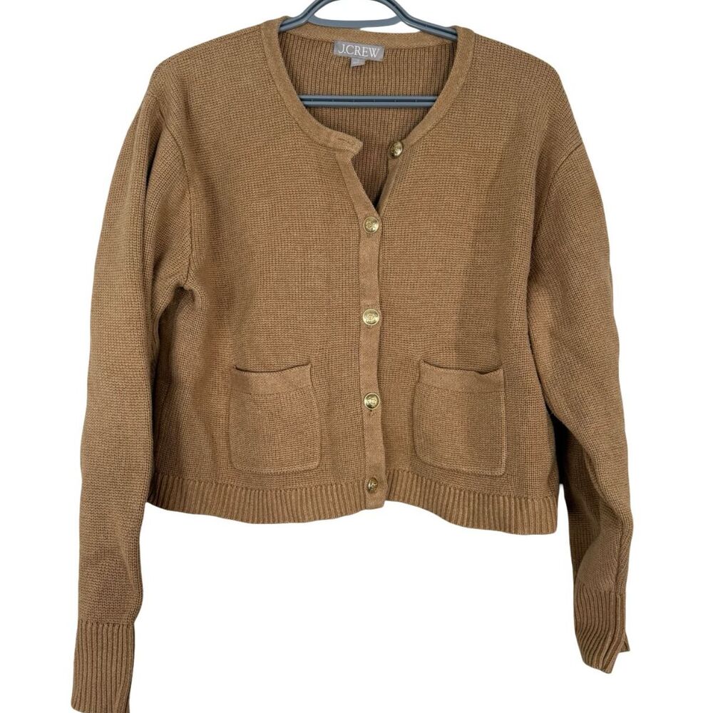 J.Crew Womens Brown Cardigan Sz S Crest Buttons Preppy Academia Cotton Chunky